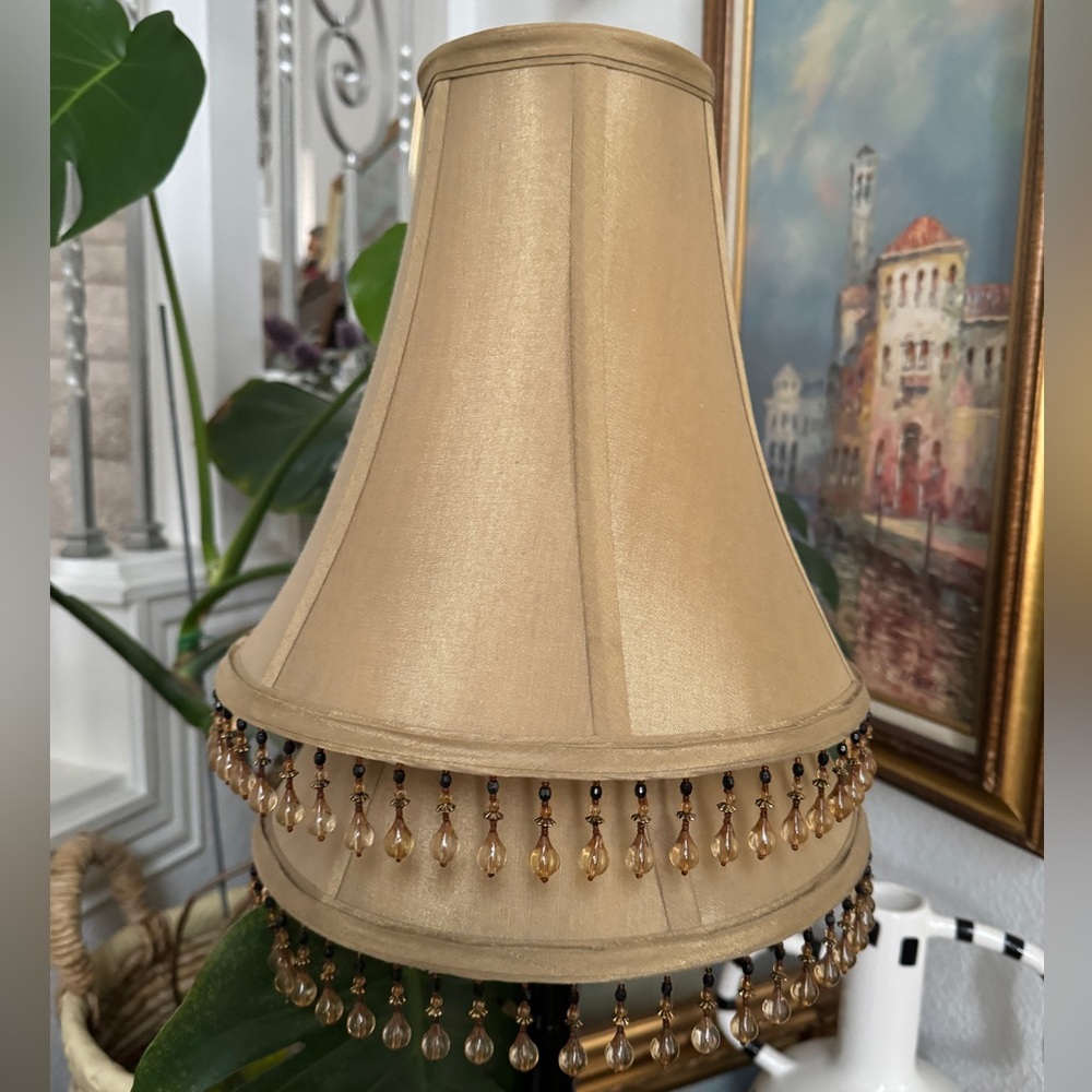 Vintage Stiffel Elegant Tan Bell Beaded Fringed Lamp Shade 10.5” Tall